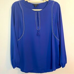J. CREW Tassel Trim V-Neck Long Sleeve Blouse Business Career Royal Blue SZ/6